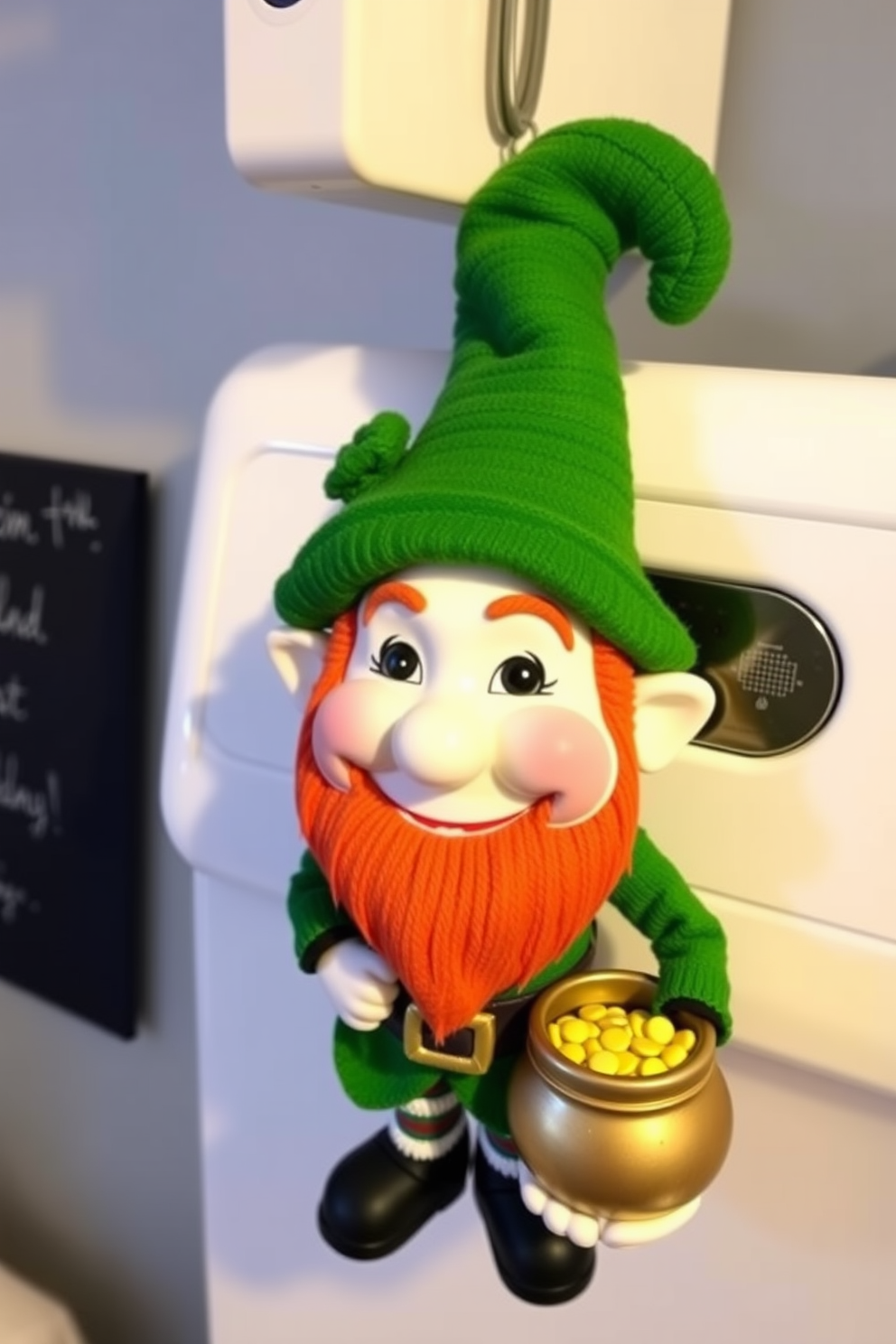 A vibrant laundry room featuring accessories in the colors of the Irish flag. The space is decorated with green, white, and orange laundry baskets, towels, and wall art to celebrate St. Patrick's Day.