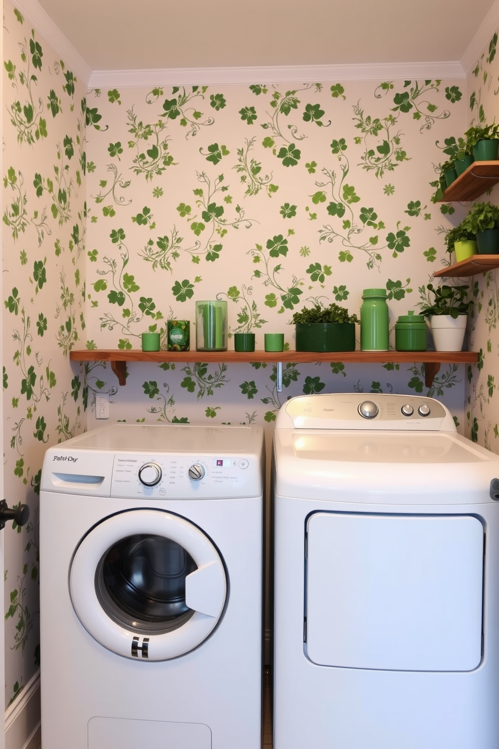 A cozy laundry room adorned with framed prints featuring Irish quotes. The walls are painted a soft pastel color, and a rustic wooden shelf displays decorative items for St. Patrick's Day.