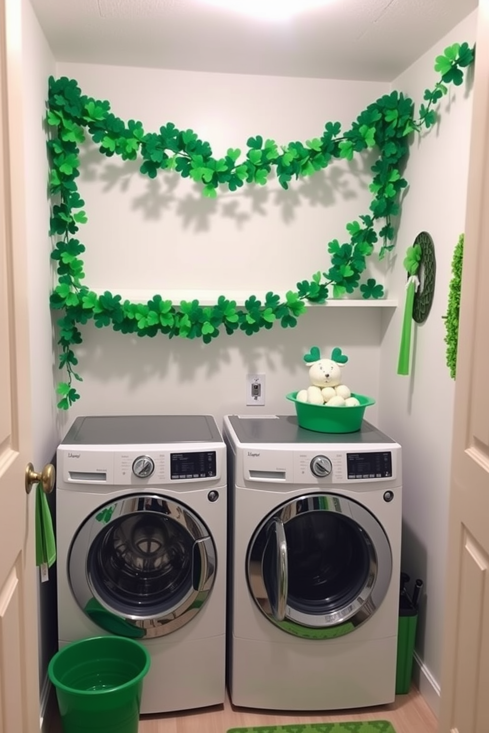 Floral wallpaper in green hues adorns the walls of a cheerful laundry room. The space is brightened by natural light streaming in through a large window, creating an inviting atmosphere for St. Patrick's Day decorating ideas.