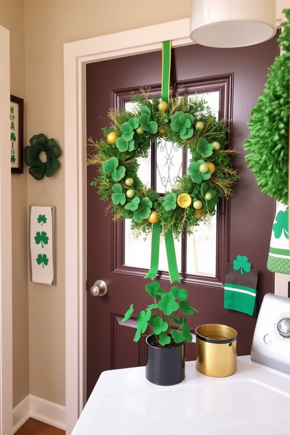 A bright and cheerful laundry room adorned with potted shamrocks on the shelves. The walls are painted a soft white, and the shelves are neatly arranged with vibrant green plants to celebrate St. Patrick's Day.