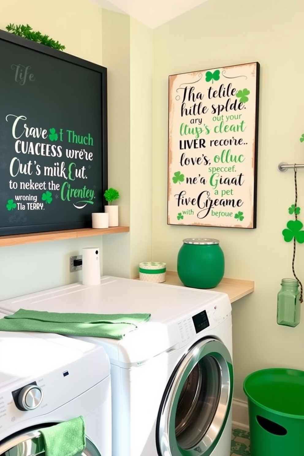 A stylish laundry room featuring a gold and green laundry hamper with intricate patterns. The hamper is placed next to a modern washing machine, complementing the overall aesthetic of the space. For St. Patrick's Day, the laundry room is adorned with festive green accents and gold decorations. Shamrock-themed wall art enhances the cheerful atmosphere, creating a lively and welcoming environment.