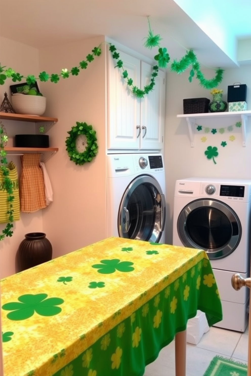 A cheerful laundry room decorated for St. Patrick's Day features clothespins painted like shamrocks hanging on a twine line. The walls are adorned with festive green accents and playful decorations that celebrate the spirit of the holiday.