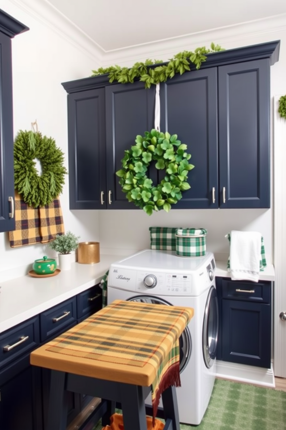 A charming laundry room adorned with festive St. Patrick's Day decor. On the counter, whimsical leprechaun figurines are playfully arranged alongside green and gold accents.