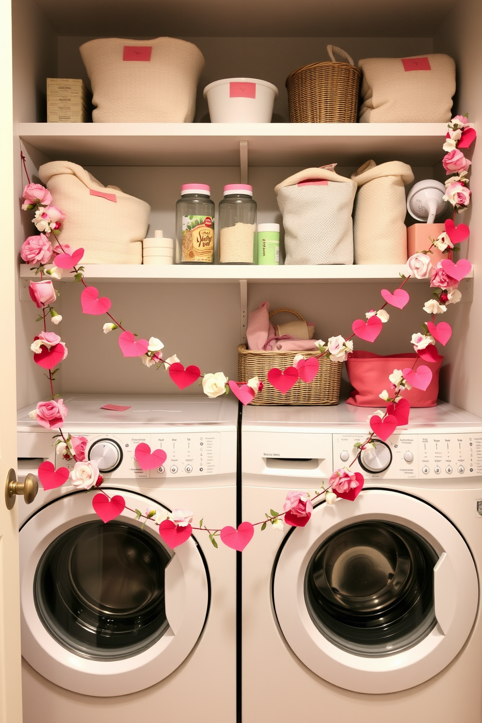 A charming laundry room adorned with a floral heart garland draped elegantly across the shelves. The shelves are filled with neatly arranged laundry supplies, and soft pastel colors create a warm and inviting atmosphere for Valentine's Day decorating.