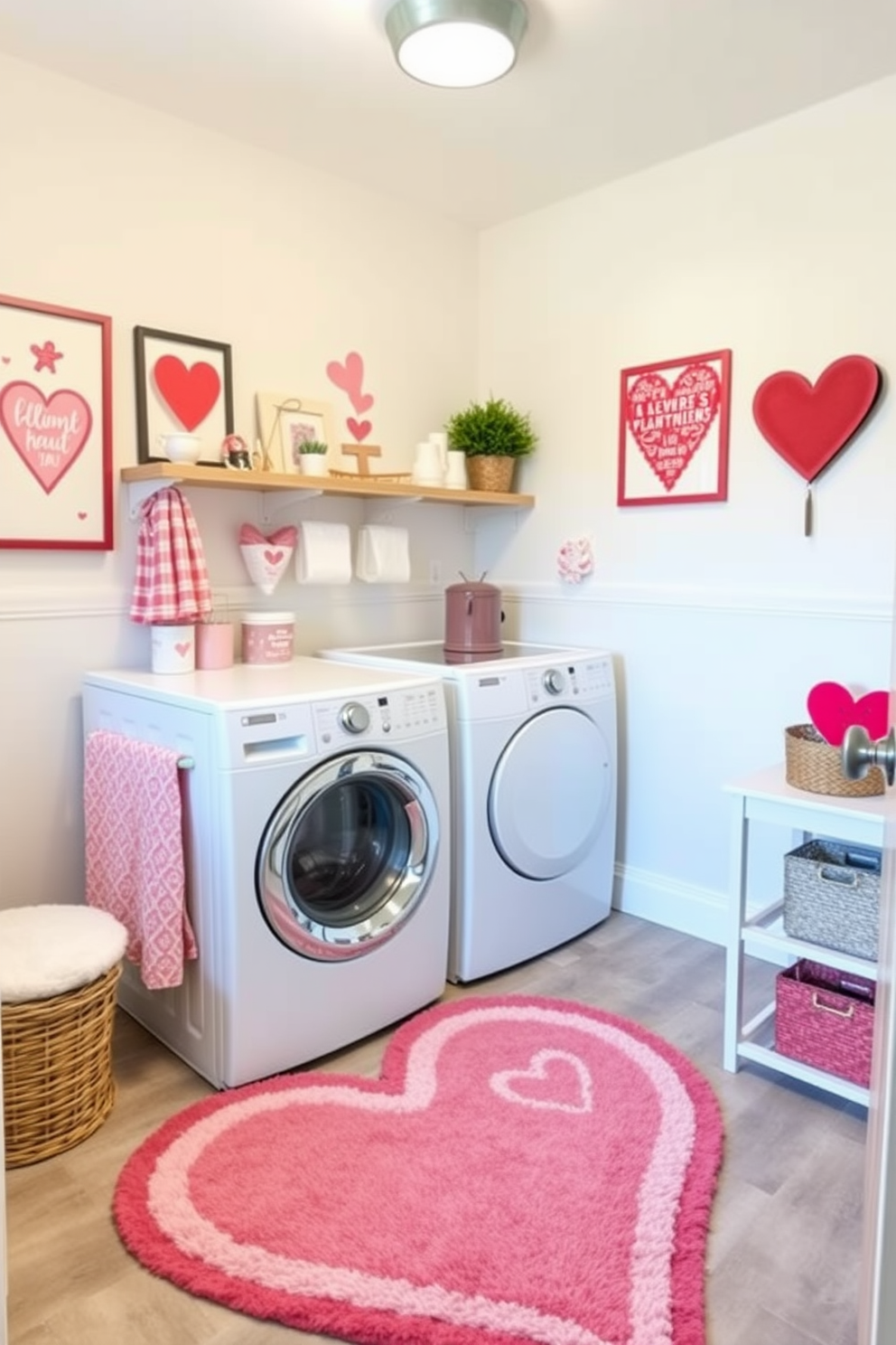 A charming laundry room adorned with delicate lace tablecloths draping over the surfaces. Soft pastel decorations in shades of pink and red create a festive atmosphere for Valentine's Day.