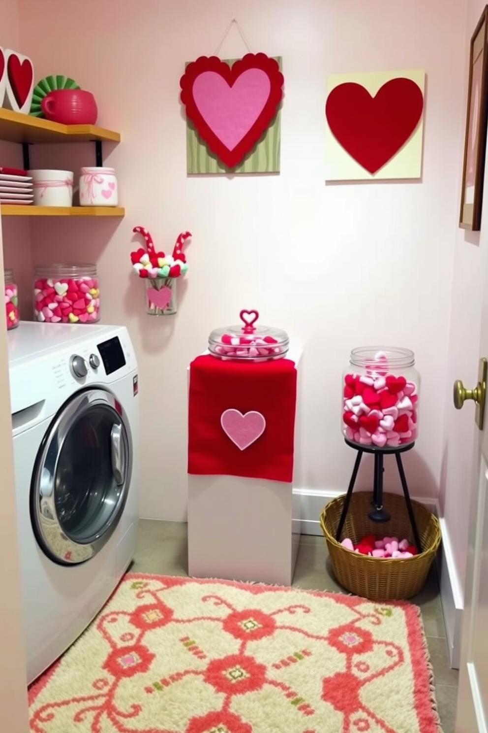 A charming laundry room decorated for Valentine's Day features decorative jars filled with colorful candy hearts. The walls are painted in soft pastel hues, and a cozy rug adds warmth to the space while heart-themed wall art enhances the festive atmosphere.