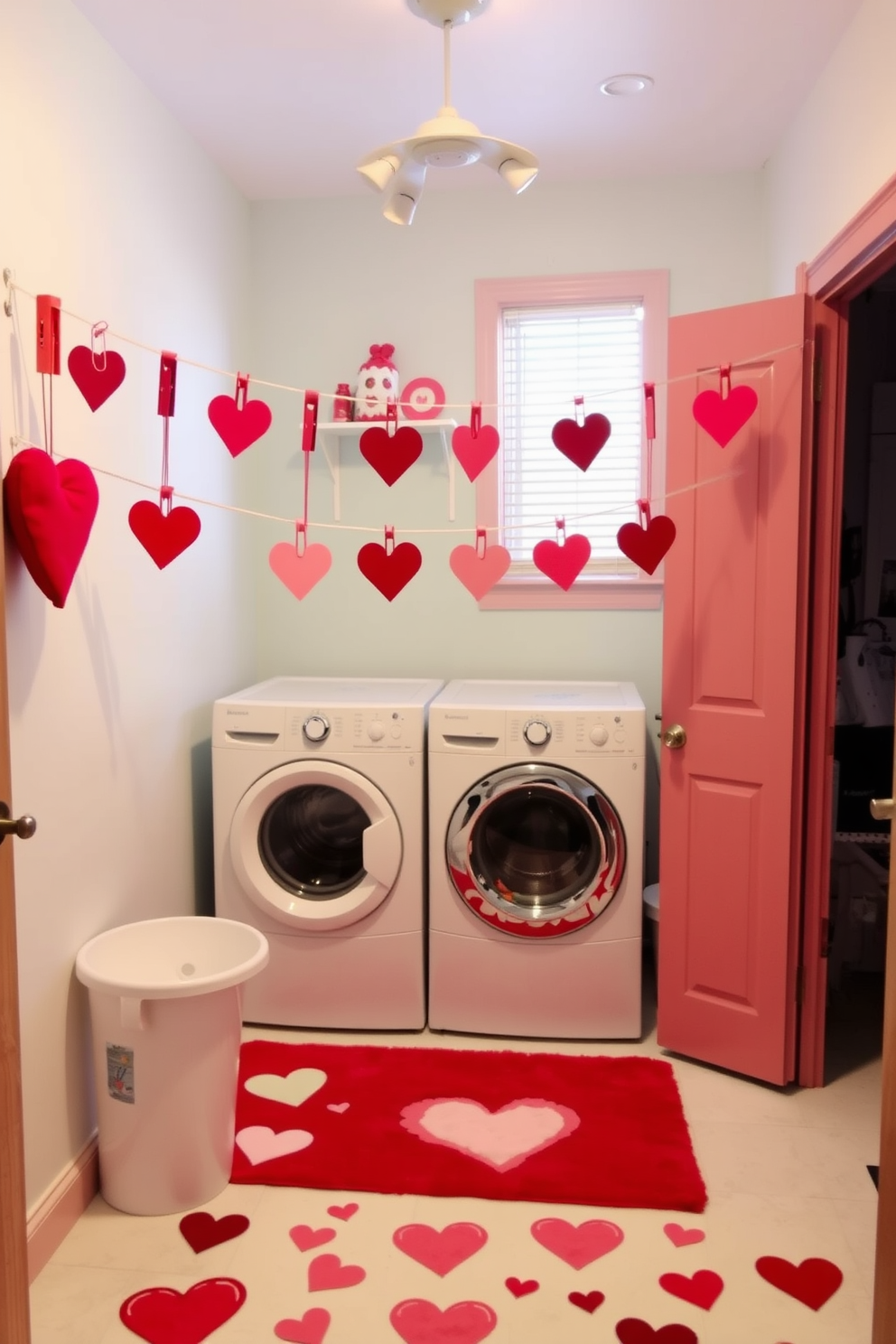 A whimsical laundry room decorated for Valentine's Day features heart-shaped laundry clips hanging from a clothesline strung across the room. The walls are painted in soft pastel colors, and a cheerful rug with love-themed patterns adds a playful touch to the space.