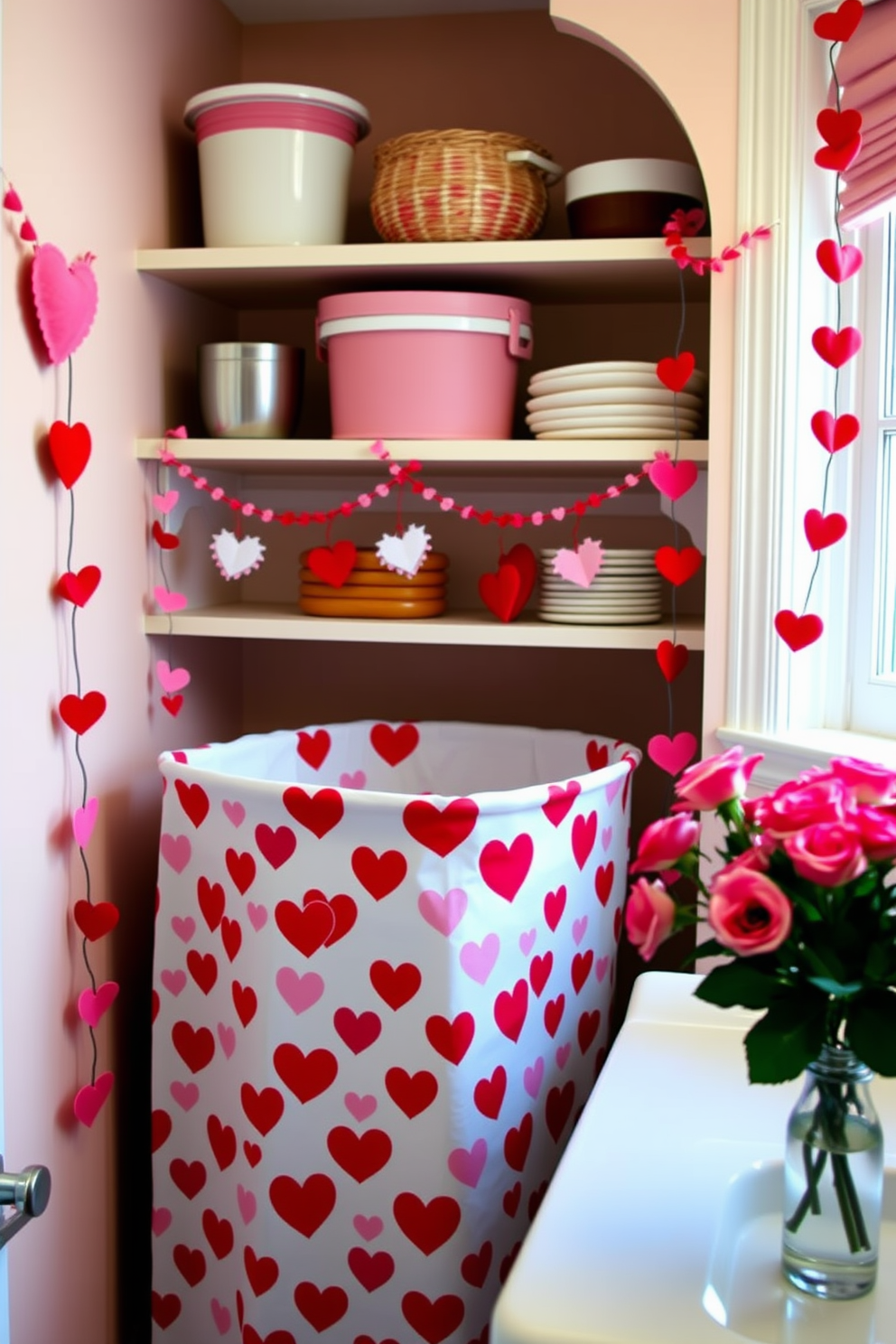 A charming laundry room adorned with Valentine's Day decorations. The centerpiece is a whimsical laundry hamper covered in red and pink heart patterns, surrounded by heart-shaped garlands hanging from the shelves. The walls are painted in a soft pastel hue, creating a warm and inviting atmosphere. A bouquet of fresh roses in a vase sits on the countertop, adding a touch of romance to the space.