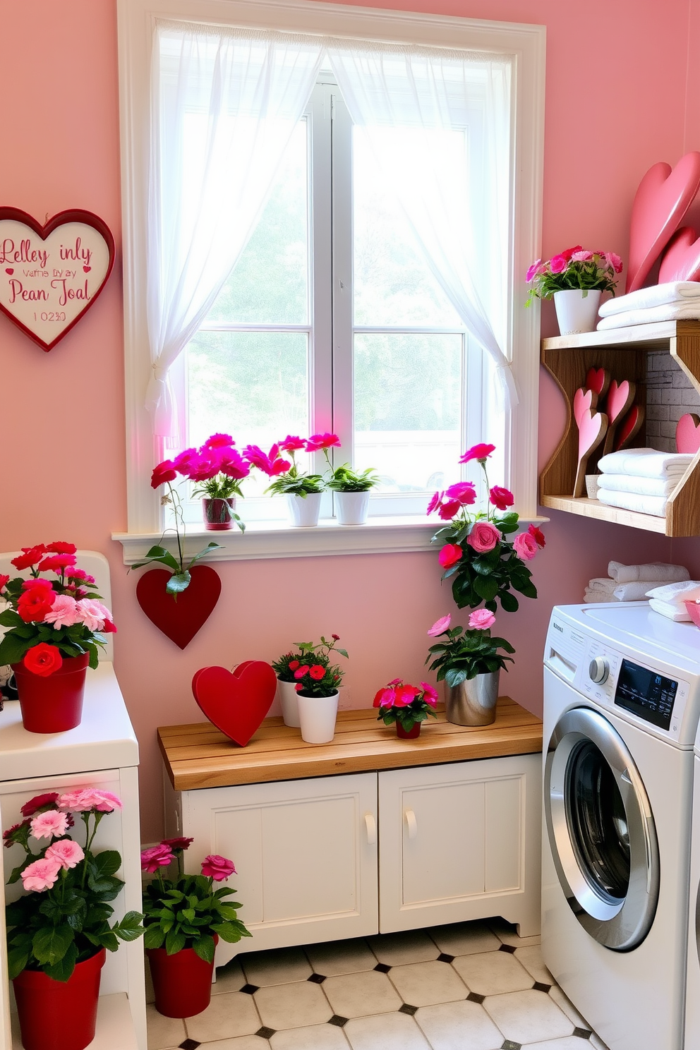 A charming laundry room filled with potted flowers in heart-shaped pots. The walls are painted in soft pastel colors, and a cozy bench sits beneath a window adorned with sheer curtains. Heart-shaped pots overflow with vibrant blooms, adding a festive touch for Valentine's Day. A rustic wooden shelf displays heart-themed decorations and neatly folded towels, creating a warm and inviting atmosphere.