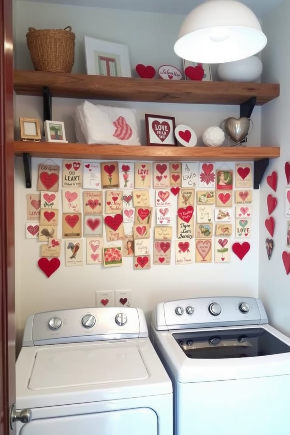 Create a charming laundry room adorned with vintage Valentine cards as wall decor. The space features a classic white washer and dryer, with a rustic wooden shelf above displaying heart-themed decorations.