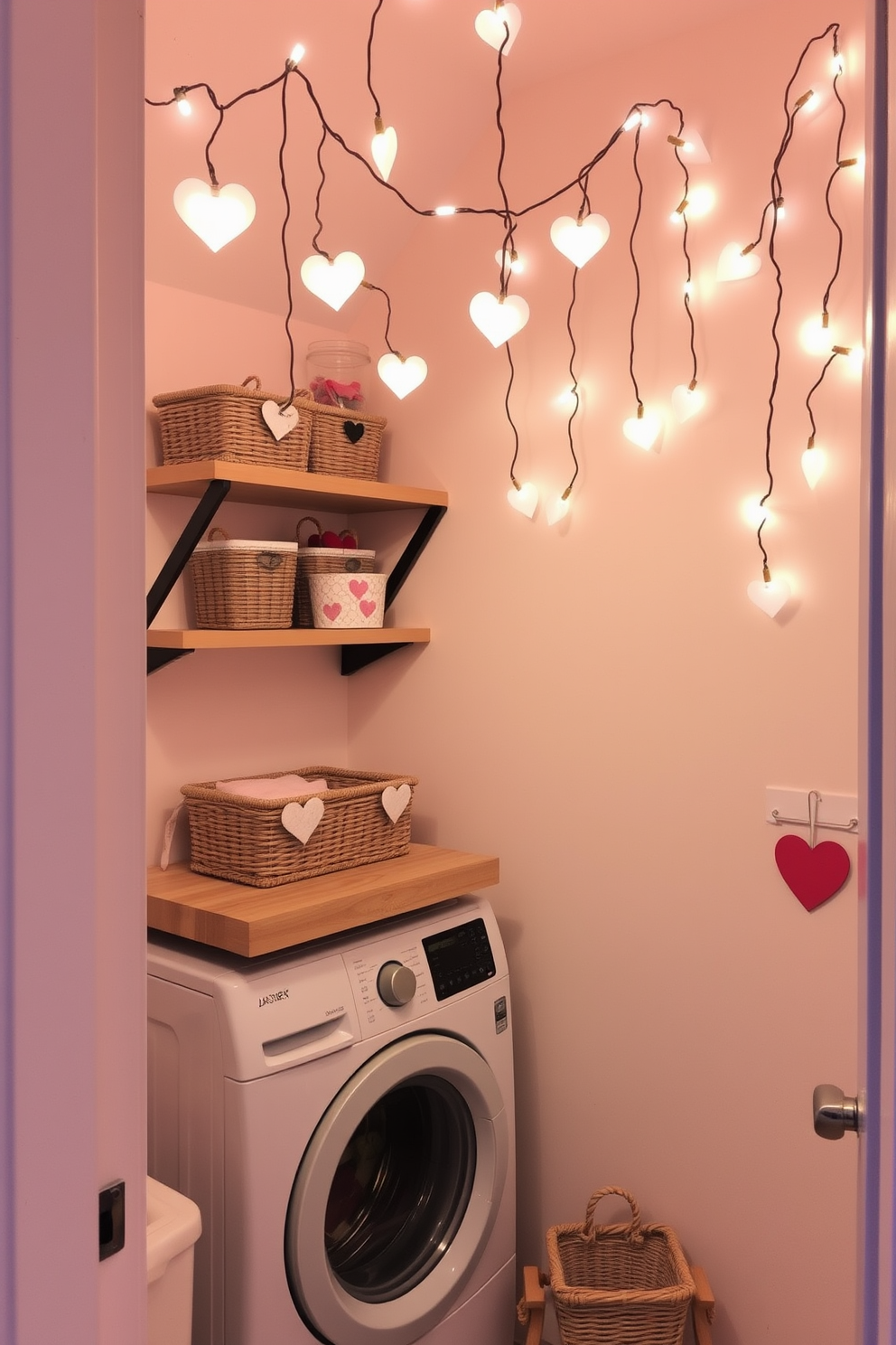 A cozy laundry room adorned with heart-shaped string lights that gently illuminate the space. The walls are painted in a soft pastel color, and a charming wooden shelf displays decorative baskets and Valentine-themed accents.