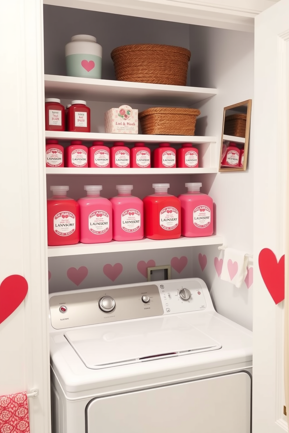 A bright and cheerful laundry room adorned with red and pink laundry soap containers. The shelves are lined with these colorful containers, adding a festive touch to the space for Valentine's Day.