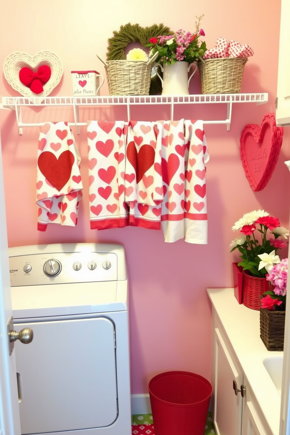 A cheerful laundry room decorated for Valentine's Day features heart-patterned towels hanging neatly on a rack. The walls are painted in a soft pastel pink, and decorative accents like heart-shaped baskets and floral arrangements add a festive touch.