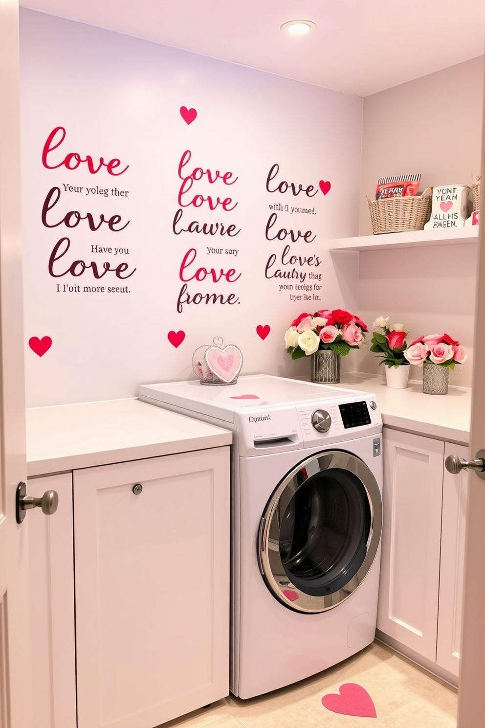 A charming laundry room adorned with love quote decals on the walls, creating an inviting and romantic atmosphere. The space features a functional layout with a sleek washer and dryer, complemented by soft pastel colors and heart-themed decor. Valentine's Day decorating ideas include heart-shaped baskets for storing laundry supplies and cheerful floral arrangements on the countertop. The room is illuminated with warm lighting, enhancing the cozy and loving vibe of the space.