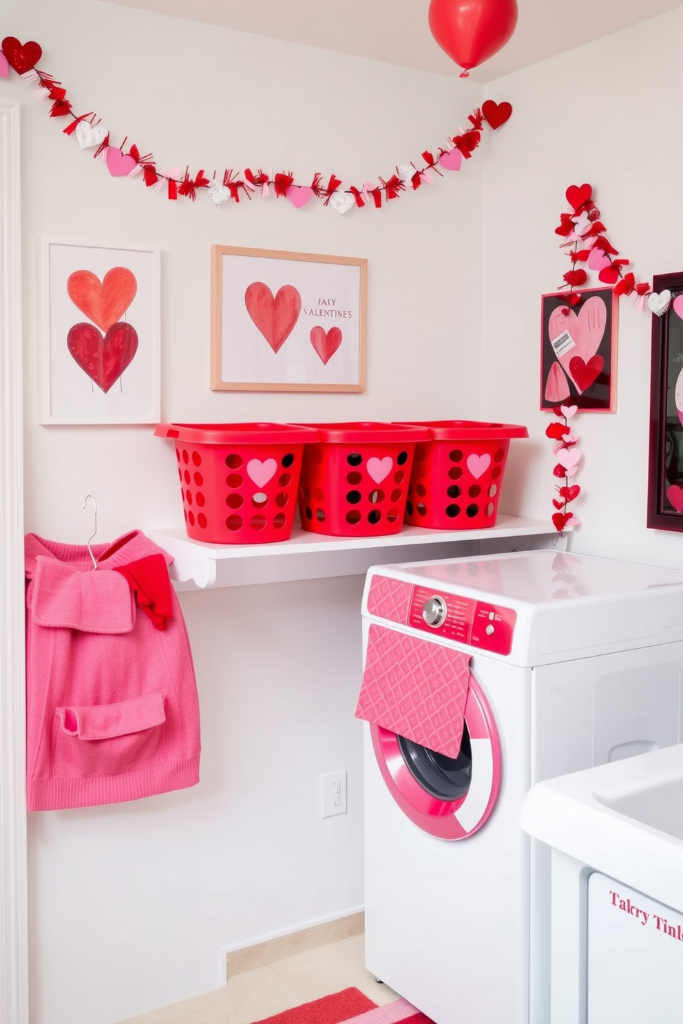 A vibrant laundry room featuring red and pink laundry baskets arranged neatly on a shelf. The walls are adorned with heart-themed artwork and festive garlands, creating a cheerful and romantic atmosphere for Valentine's Day.