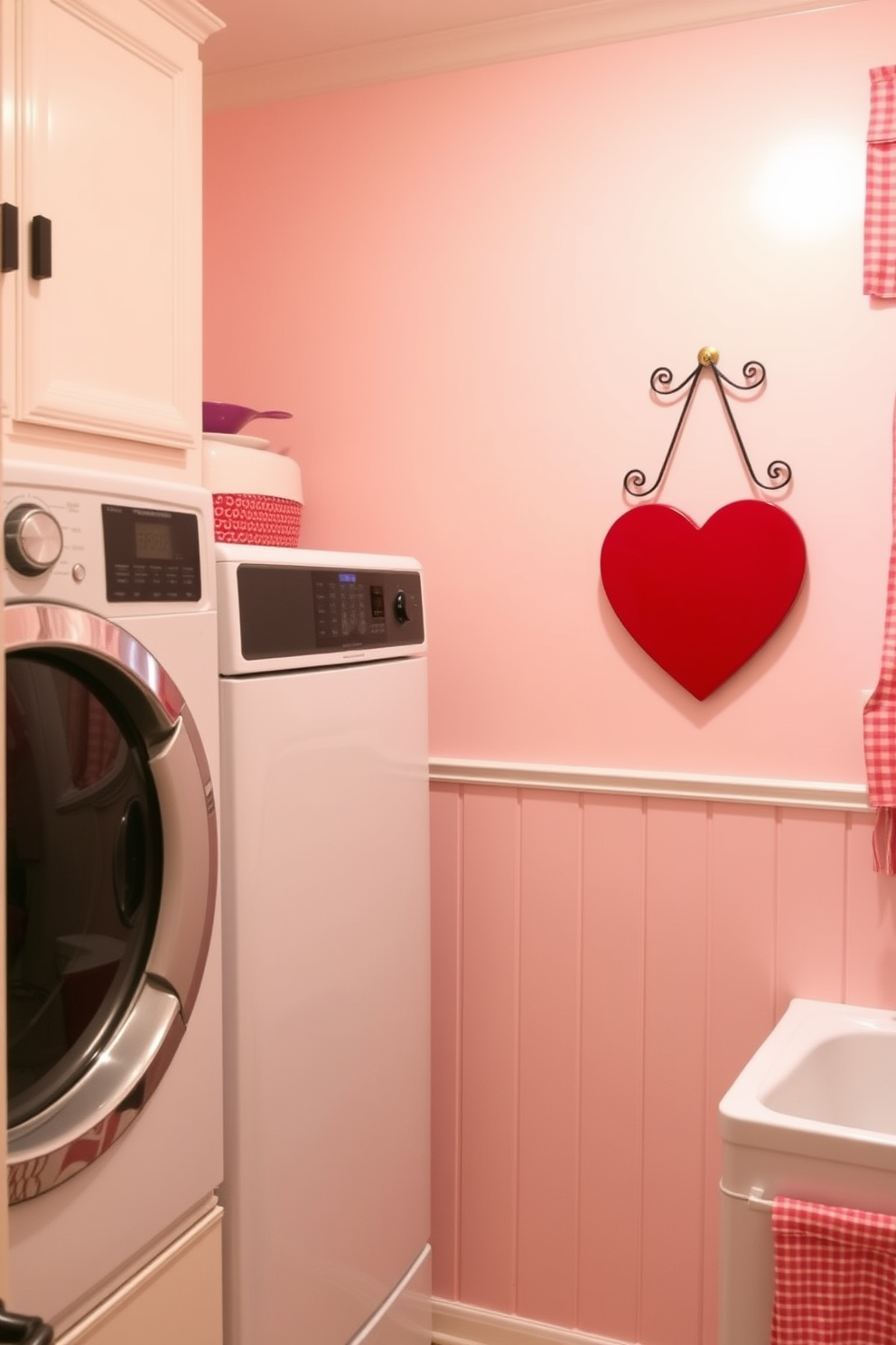 A charming laundry room adorned with a heart-shaped clock on the wall. The clock features a vibrant red color that complements the soft pastel hues of the room, creating a warm and inviting atmosphere for Valentine's Day decorating.