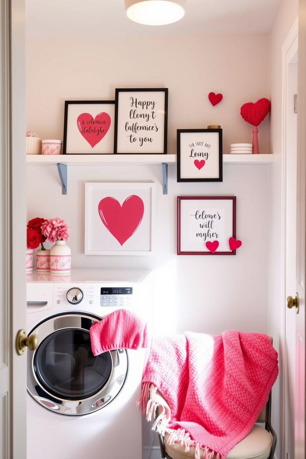 Valentine's themed artwork is displayed on floating shelves in a bright and cheerful laundry room. The shelves are adorned with framed prints of hearts and romantic quotes, adding a festive touch to the space. Soft pink and red accents are incorporated throughout the room, including heart-shaped decor and themed laundry baskets. A cozy throw blanket in Valentine's colors is draped over a chair, inviting warmth and charm.