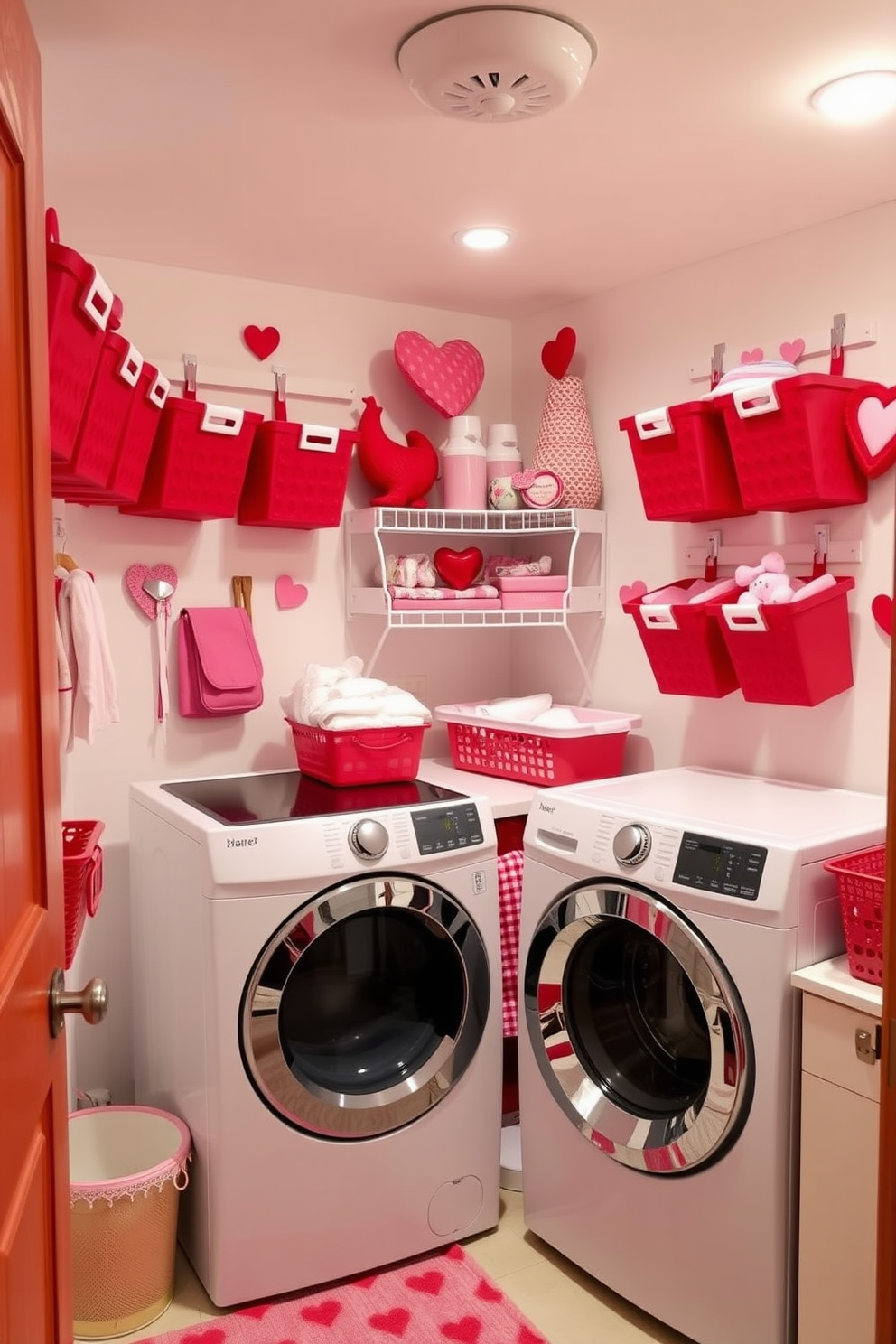 A charming laundry room featuring a white washing machine and dryer side by side. Heart-shaped magnets in various shades of red and pink adorn the fridge, adding a festive touch to the space. The walls are painted a soft pastel color, creating a warm and inviting atmosphere. Decorative elements include Valentine’s Day-themed artwork and a cozy rug that complements the overall decor.