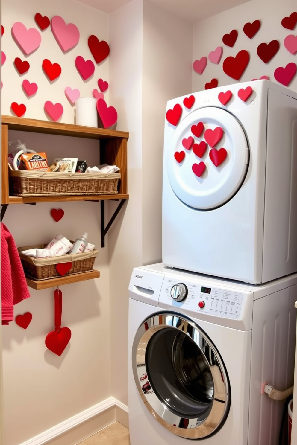 A cozy laundry room featuring a white washing machine and dryer stacked neatly. The walls are adorned with heart-shaped magnets in various shades of red and pink, adding a festive touch for Valentine's Day. A rustic wooden shelf holds decorative baskets filled with laundry supplies. Soft lighting illuminates the space, creating a warm and inviting atmosphere perfect for Valentine's Day decorating ideas.