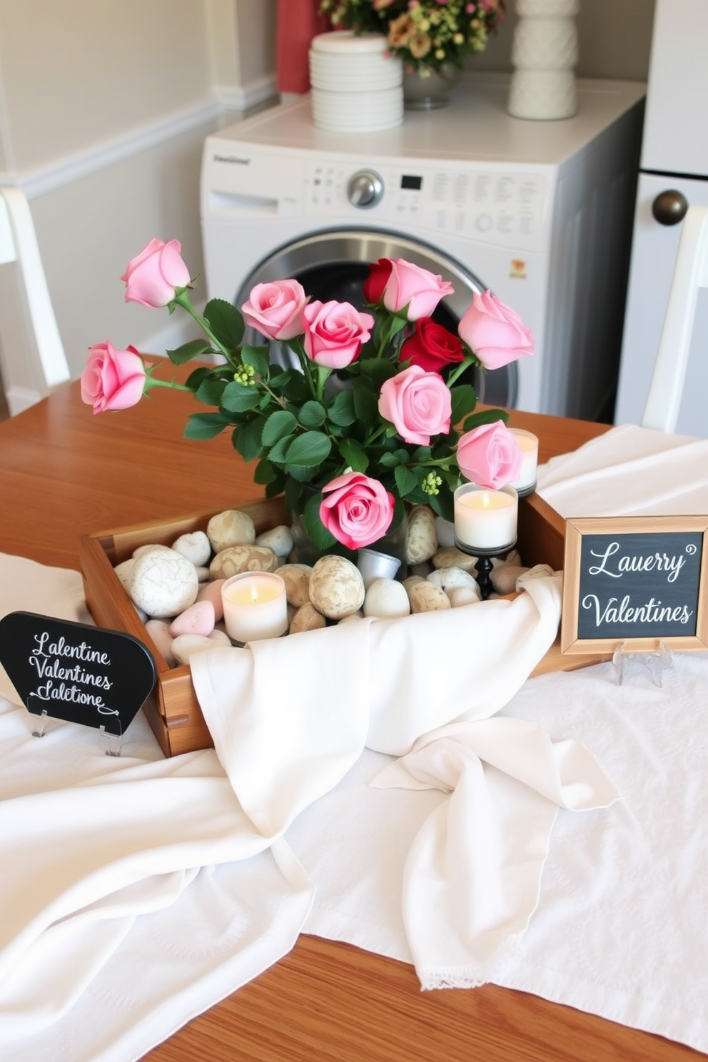 A charming laundry room table centerpiece for Valentine's Day. The centerpiece features a rustic wooden tray filled with pink and red roses, surrounded by heart-shaped decorative stones and scented candles. Soft white linens are draped elegantly over the table, adding a touch of warmth. A small chalkboard sign with a sweet Valentine's message is placed next to the floral arrangement, enhancing the festive atmosphere.