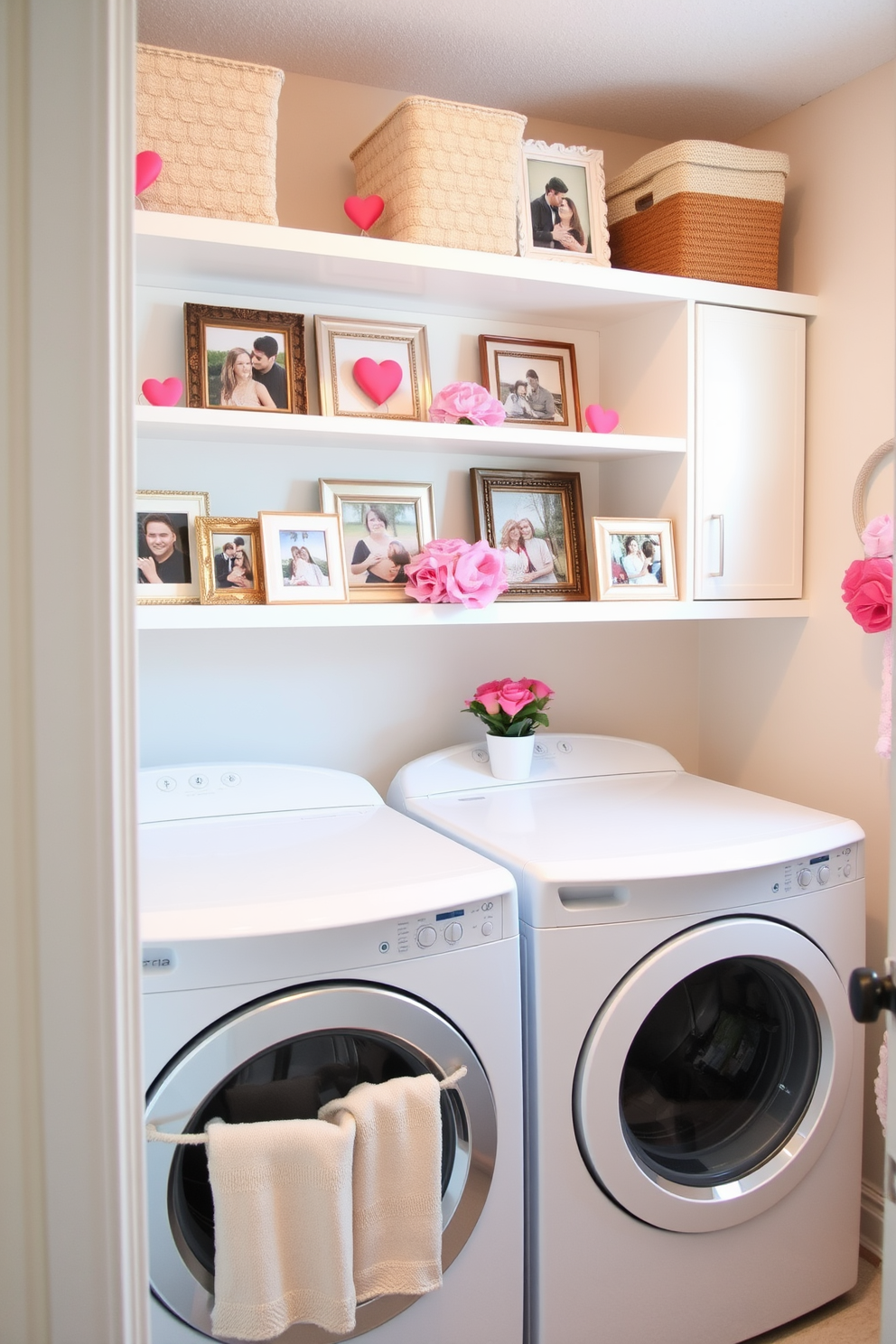 A cozy laundry room adorned with romantic photo frames on the shelves. The frames showcase cherished memories and are surrounded by soft pastel colors, creating a warm and inviting atmosphere for Valentine's Day decorating ideas.