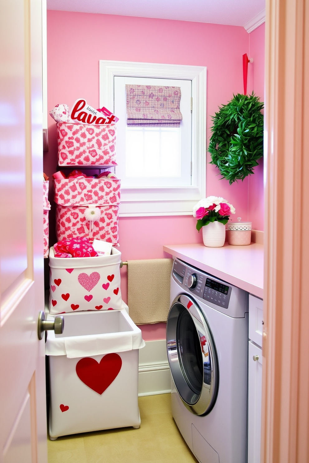 Create a cozy laundry room adorned with Valentine-themed fabric storage bins. The bins are filled with colorful hearts and floral patterns, adding a cheerful touch to the space. The walls are painted in a soft pastel pink, complemented by white cabinetry. A heart-shaped wreath hangs on the door, and a small vase with fresh flowers sits on the countertop for a festive ambiance.