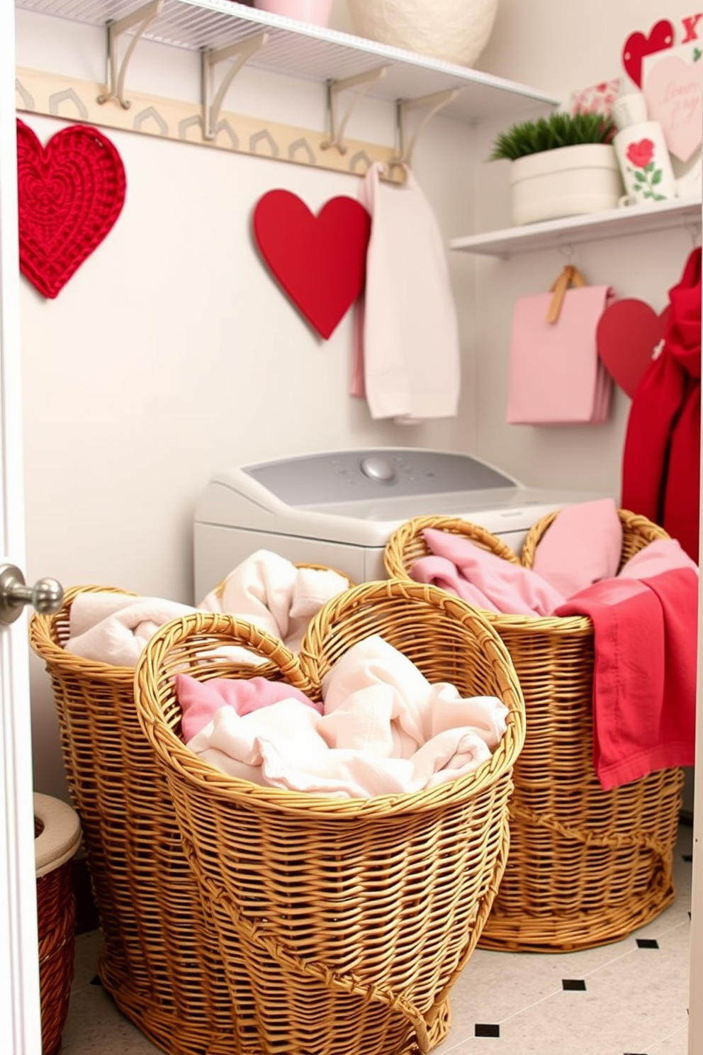 A charming laundry room designed for Valentine's Day. The walls are painted in soft pastel pink, and heart-shaped decals adorn the cabinets. A vintage wooden drying rack holds freshly laundered linens, while a wicker basket filled with red and white towels sits nearby. A cheerful calendar featuring a sweetheart theme hangs on the wall, adding a festive touch.