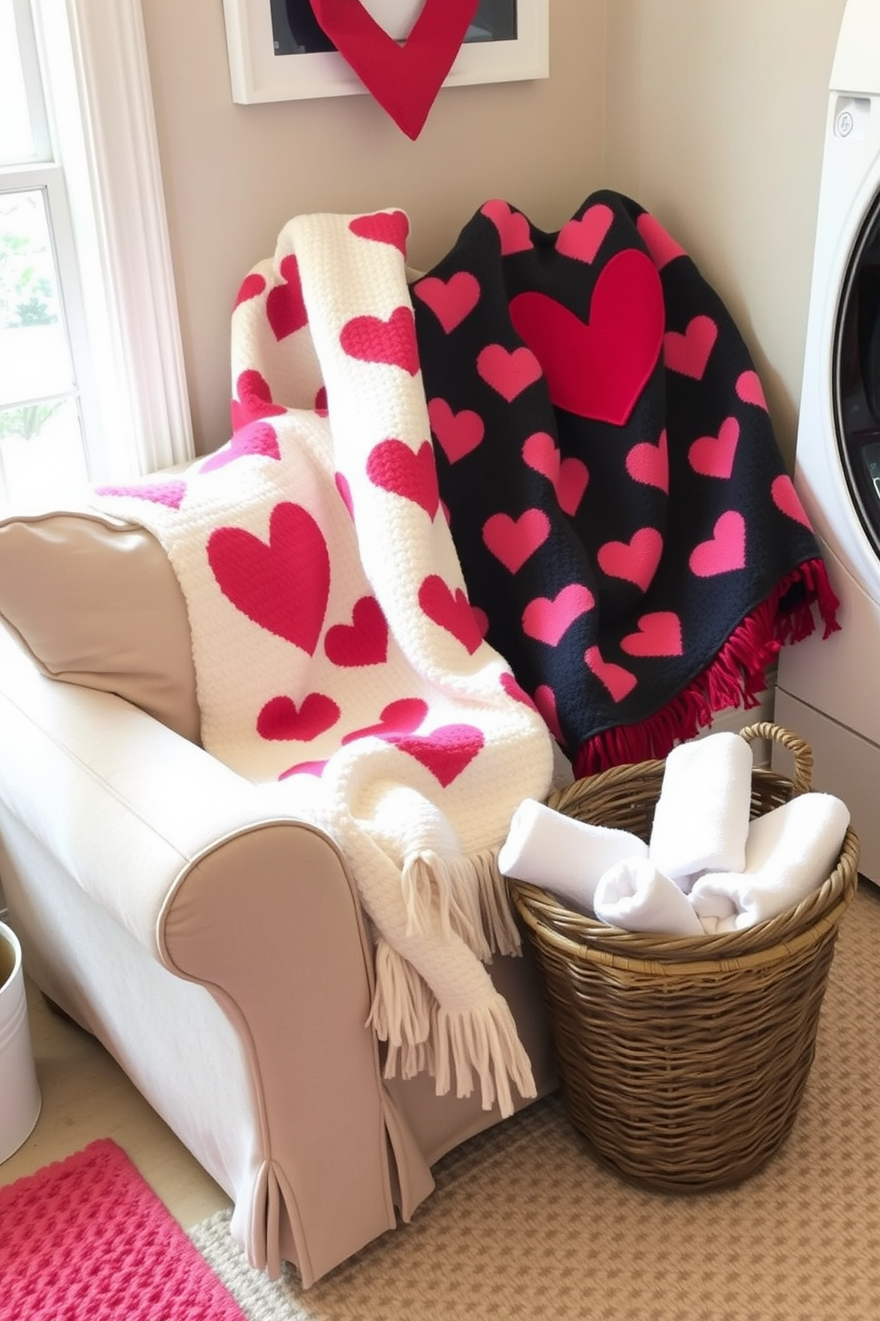 Cozy throw blankets in heart patterns are draped over a soft beige sofa, adding warmth and charm to the laundry room. A small basket filled with rolled towels sits beside the sofa, enhancing the inviting atmosphere for Valentine's Day.