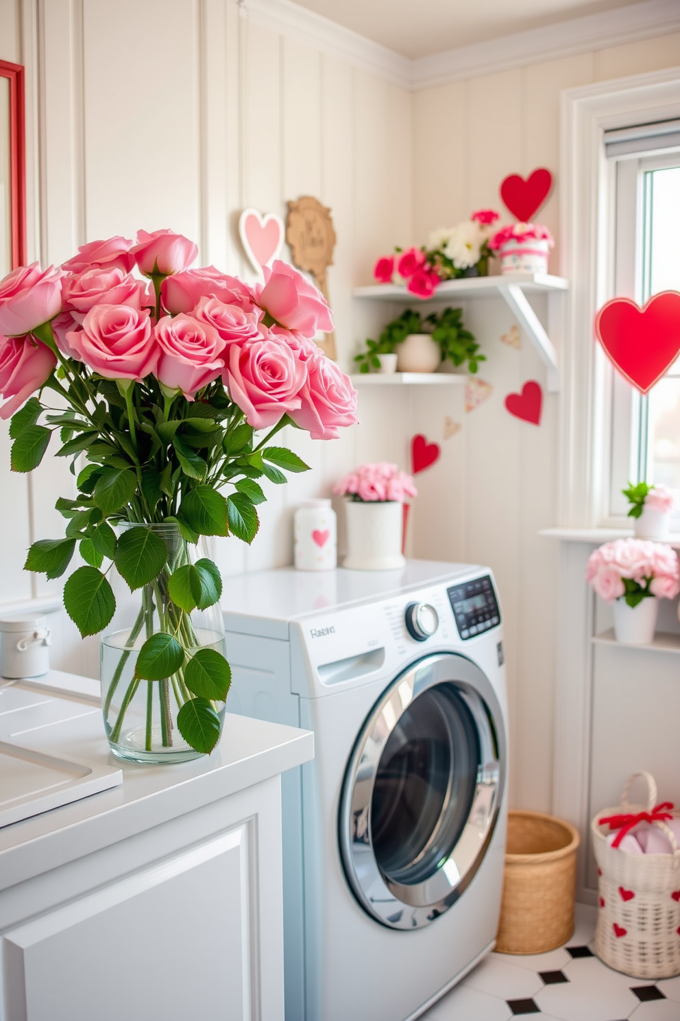 Floral arrangements featuring lush pink roses are artfully displayed in a bright and airy laundry room. The room is adorned with cheerful accents and playful decorations that capture the spirit of Valentine's Day.