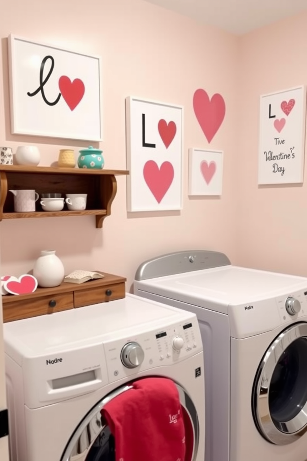 A charming laundry room adorned with vintage floral wallpaper that adds a touch of nostalgia. The space features a classic white washer and dryer, complemented by rustic wooden shelves holding neatly folded towels and decorative baskets. For Valentine's Day, the room is decorated with soft pink and red accents, including heart-shaped garlands hanging from the shelves. A small vase filled with fresh roses sits on the countertop, creating a warm and inviting atmosphere.