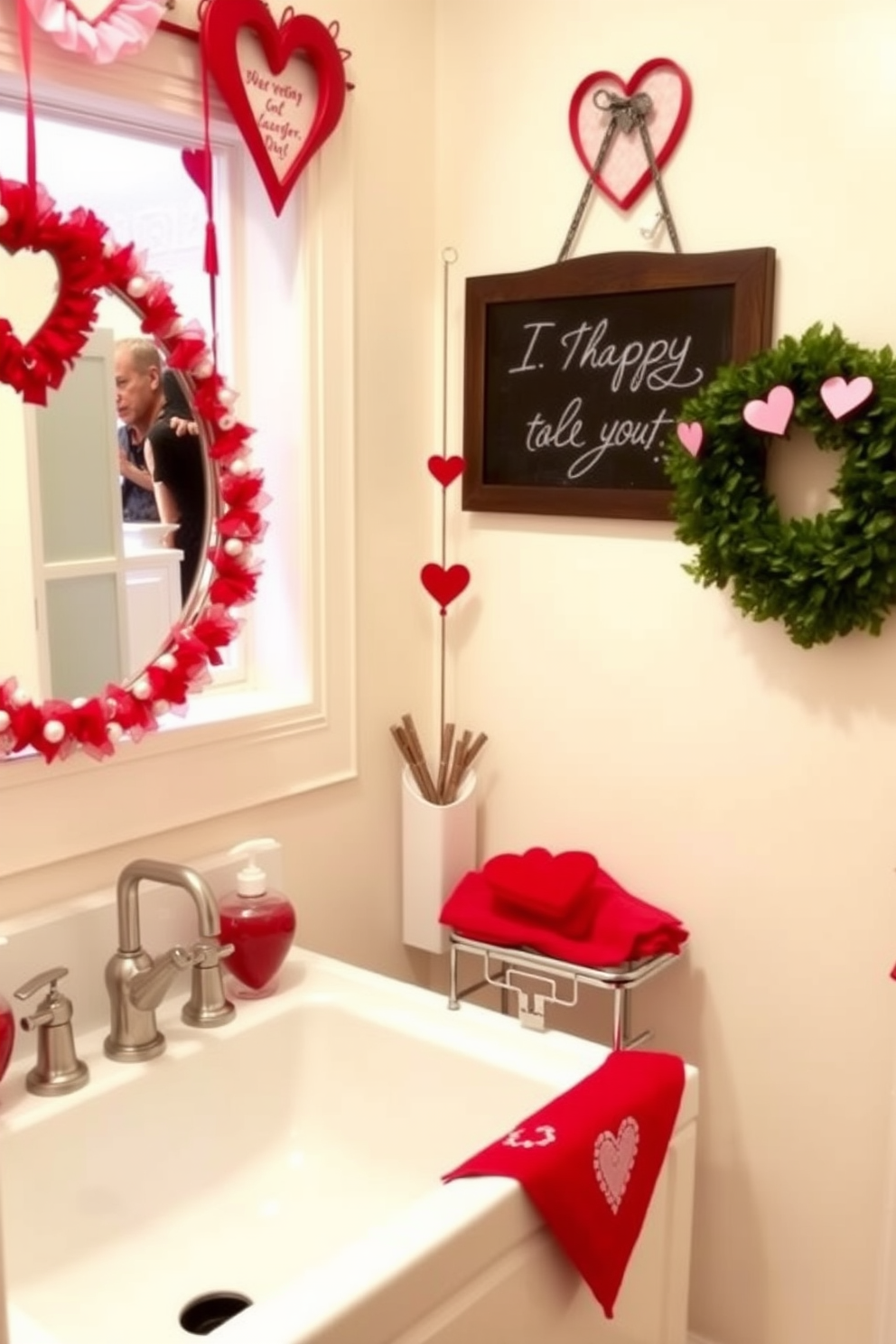 A stylish laundry room features an elegant apron display hanging on a rustic wooden rack. The walls are painted in a soft pastel hue, and a decorative shelf showcases neatly folded towels and laundry supplies. For Valentine's Day, the laundry room is adorned with charming heart-themed decorations. A cheerful garland of red and pink hearts hangs above the washer and dryer, creating a festive and inviting atmosphere.