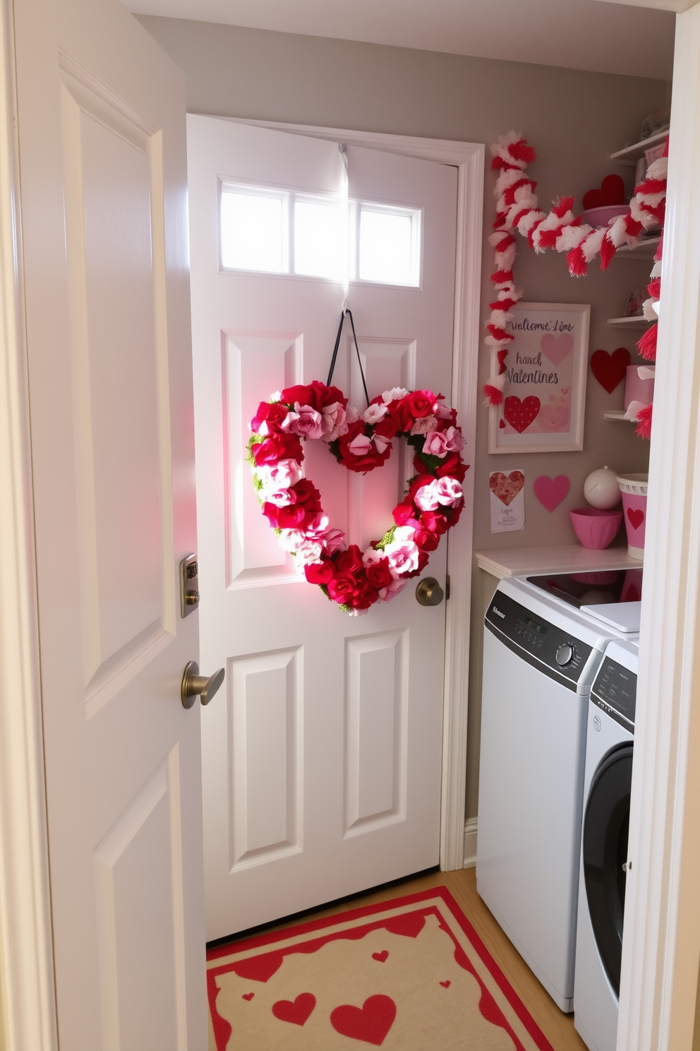 A heart-shaped wreath made of red and pink flowers hangs elegantly on the front door, welcoming guests with a festive touch. The door is painted in a soft white hue, providing a bright contrast to the vibrant colors of the wreath. Inside the laundry room, cheerful Valentine’s Day decorations adorn the space, including heart-themed wall art and playful garlands. A cozy, inviting atmosphere is created with pastel-colored storage bins and a charming rug featuring heart patterns on the floor.