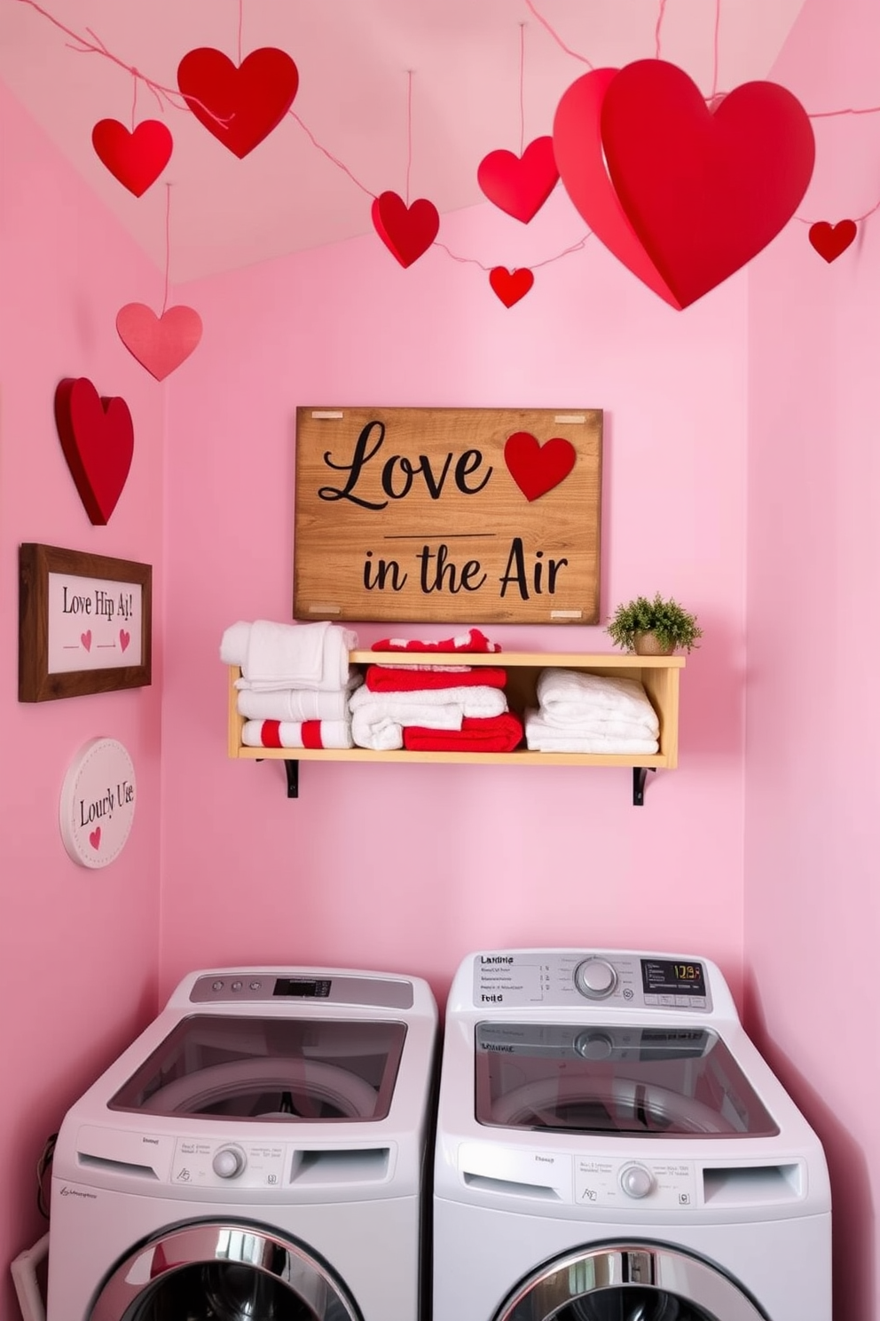 A charming laundry room adorned with Valentine's Day themed signs. The walls are painted in a soft pastel pink, and heart-shaped decorations hang from the ceiling. A cozy wooden shelf displays neatly folded towels in various shades of red and white. A large sign with playful lettering reads 