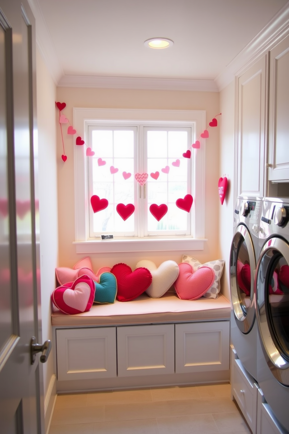 A cozy laundry room adorned with colorful heart-shaped throw pillows scattered across a built-in bench. The walls are painted in a soft pastel hue, and decorative garlands of hearts are draped above the window, adding a festive touch for Valentine's Day.