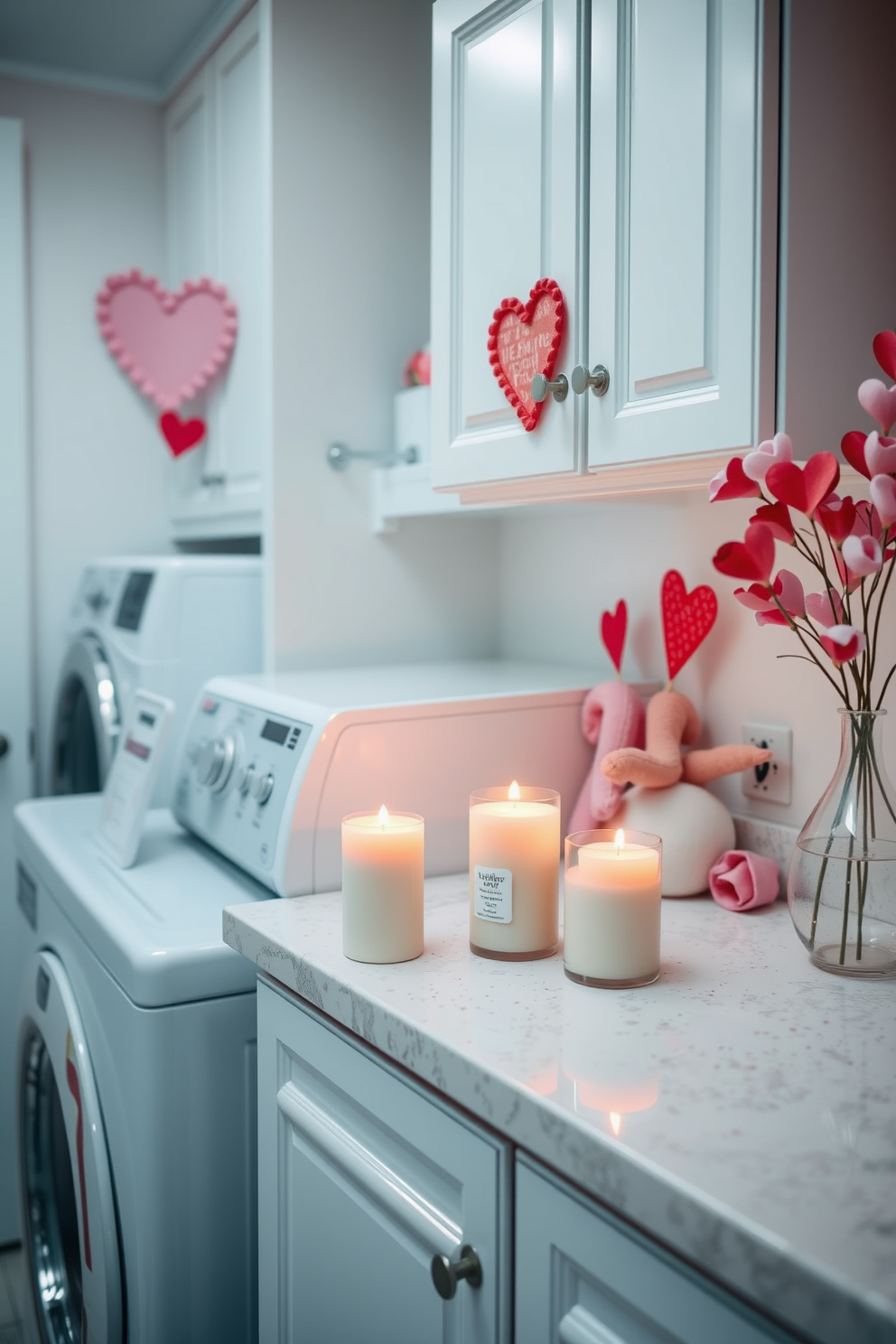 Soft pastel towels are displayed neatly on a rustic wooden shelf in a bright and airy laundry room. The walls are adorned with charming Valentine's Day decorations, including heart-shaped garlands and floral accents that add a festive touch.