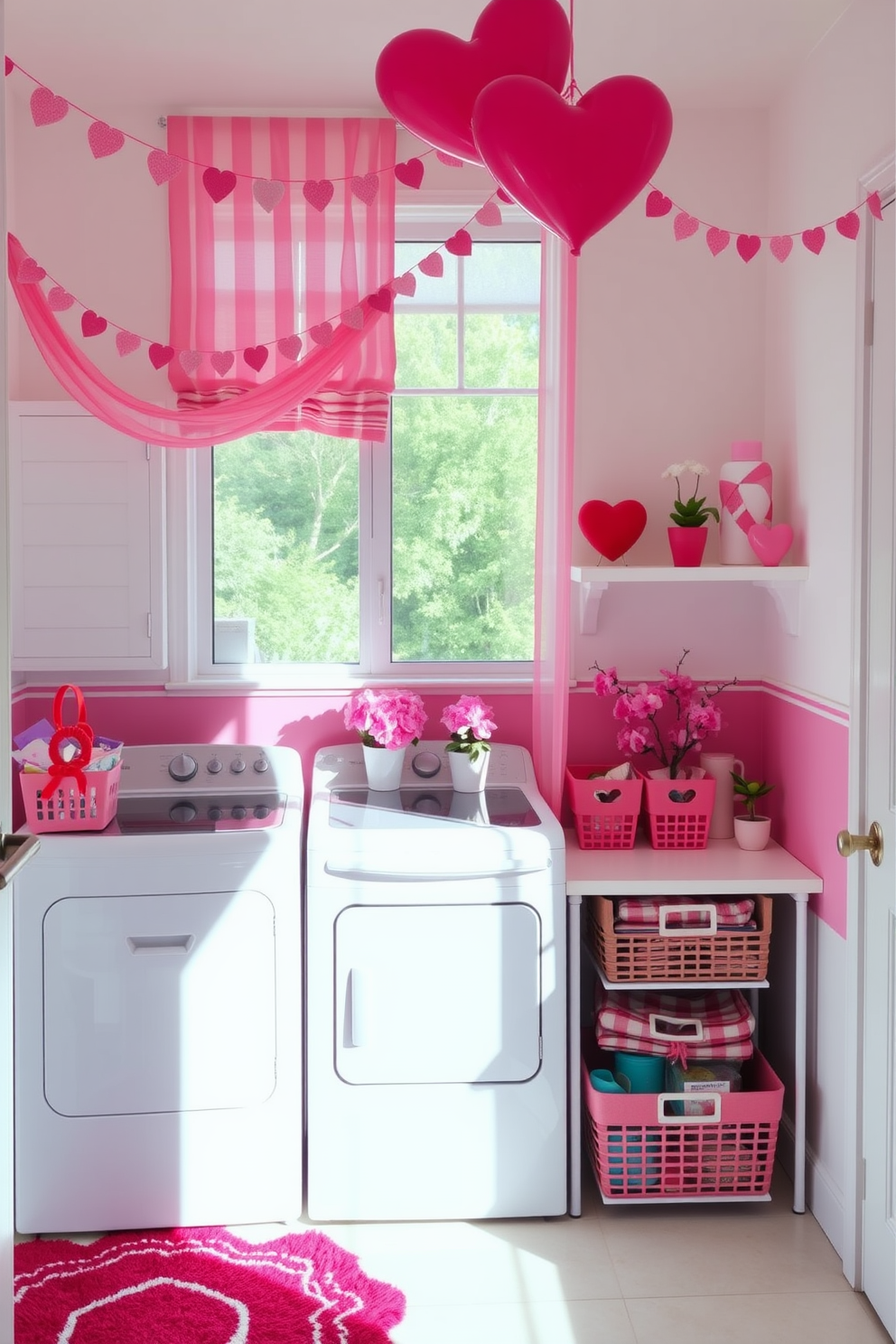 A cheerful laundry room adorned with pink and white striped curtains that gently filter the sunlight. The space features a bright white washing machine and dryer, complemented by stylish storage baskets filled with colorful laundry supplies. For Valentine's Day, the room is decorated with heart-shaped garlands hanging from the ceiling and small potted plants with pink blooms on the countertop. A cozy rug in shades of red and pink adds warmth to the floor, creating a festive and inviting atmosphere.