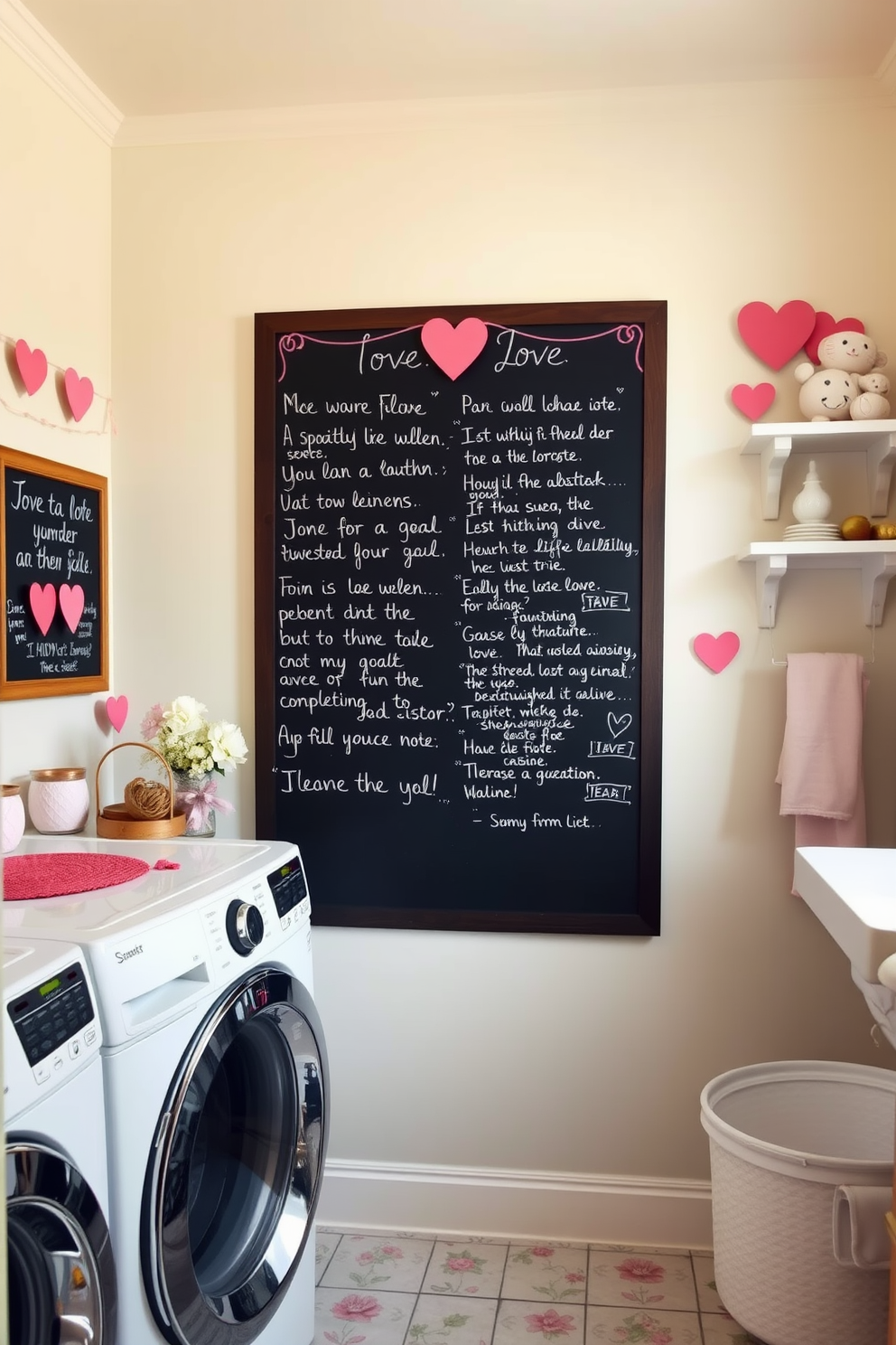 Whimsical laundry signs adorned with charming love quotes hang on the walls, adding a playful touch to the space. The room is filled with soft pastel colors, with decorative accents like heart-shaped baskets and floral arrangements enhancing the Valentine's Day theme.