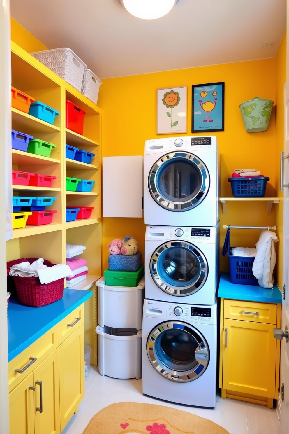 A bright and cheerful laundry room filled with vibrant colors. The walls are painted in a sunny yellow, and colorful storage bins are neatly arranged on open shelves. A stacked washer and dryer set is positioned in the corner, surrounded by playful wall art. A bright blue countertop provides ample space for folding clothes, and a cheerful rug adds warmth to the floor.