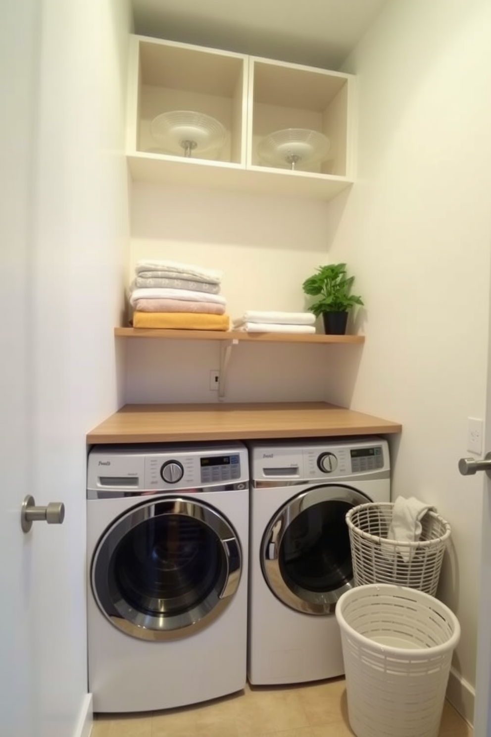 A modern laundry room featuring built-in cabinetry that provides ample hidden storage. The stacked washer and dryer are seamlessly integrated within the cabinetry, creating a sleek and organized look.