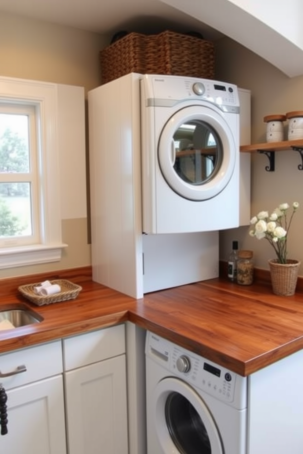 A cozy laundry room featuring wooden countertops that add a warm touch to the space. The design includes a stacked washer and dryer setup, maximizing efficiency while maintaining a stylish aesthetic.