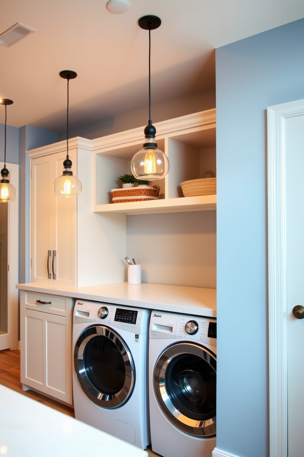 Creative lighting fixtures for ambiance. The space features elegant pendant lights with a warm glow hanging above the central island, complemented by recessed lighting that highlights the cabinetry. Laundry Room with Stacked Washer Dryer Design Ideas. The layout includes a sleek, modern stacked washer and dryer set against a backdrop of soft blue walls, with open shelving above for easy access to laundry essentials.