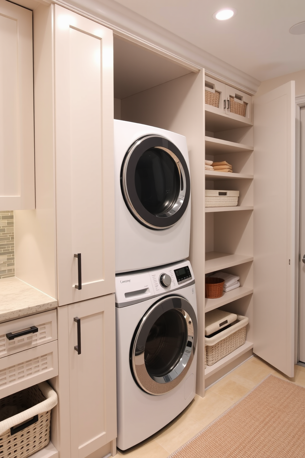 A modern laundry room featuring a stacked washer and dryer setup. The space is illuminated by task lighting above the machines, enhancing visibility and functionality. The walls are painted in a soft blue hue, creating a calming atmosphere. A sleek countertop extends above the washer and dryer, providing ample space for folding clothes and organizing laundry supplies.