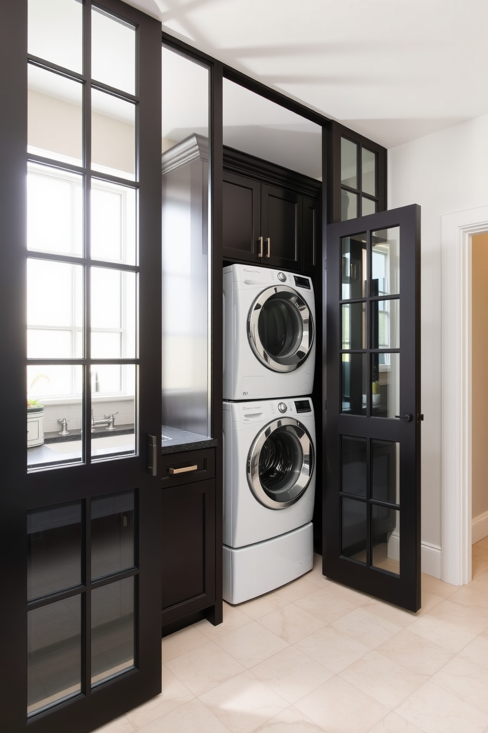 A stylish laundry room features glass doors that elegantly enclose the space while allowing natural light to filter through. The room showcases a stacked washer and dryer setup, surrounded by sleek cabinetry for optimal storage and organization.