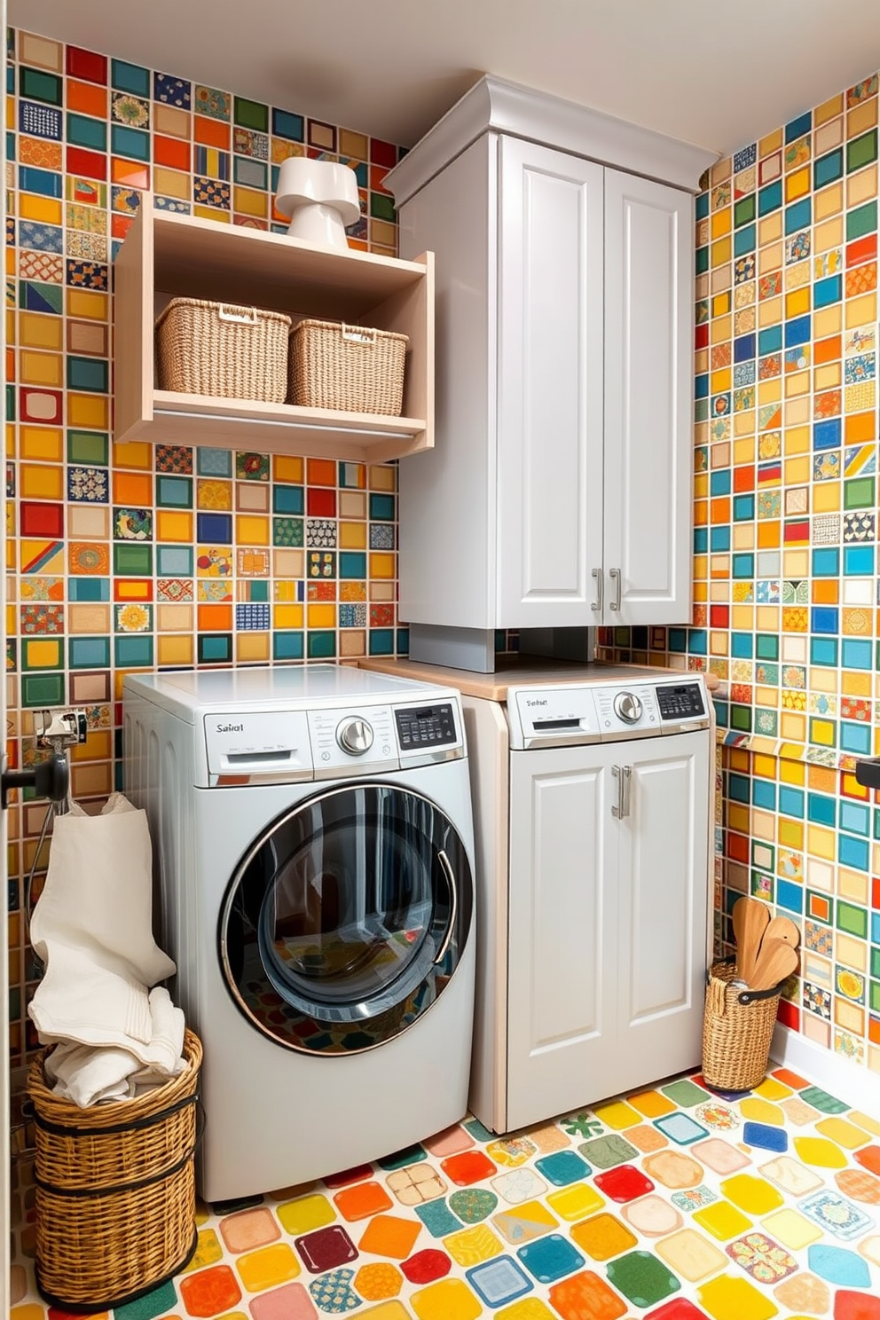 A vibrant laundry room filled with colorful tiles that create a playful vibe. The walls are adorned with a mix of bright and cheerful tiles, while a stacked washer and dryer are seamlessly integrated into the design, surrounded by ample storage solutions. The space features open shelving above the appliances for easy access to laundry essentials. A small countertop area provides a convenient space for folding clothes, complemented by decorative baskets for organization.