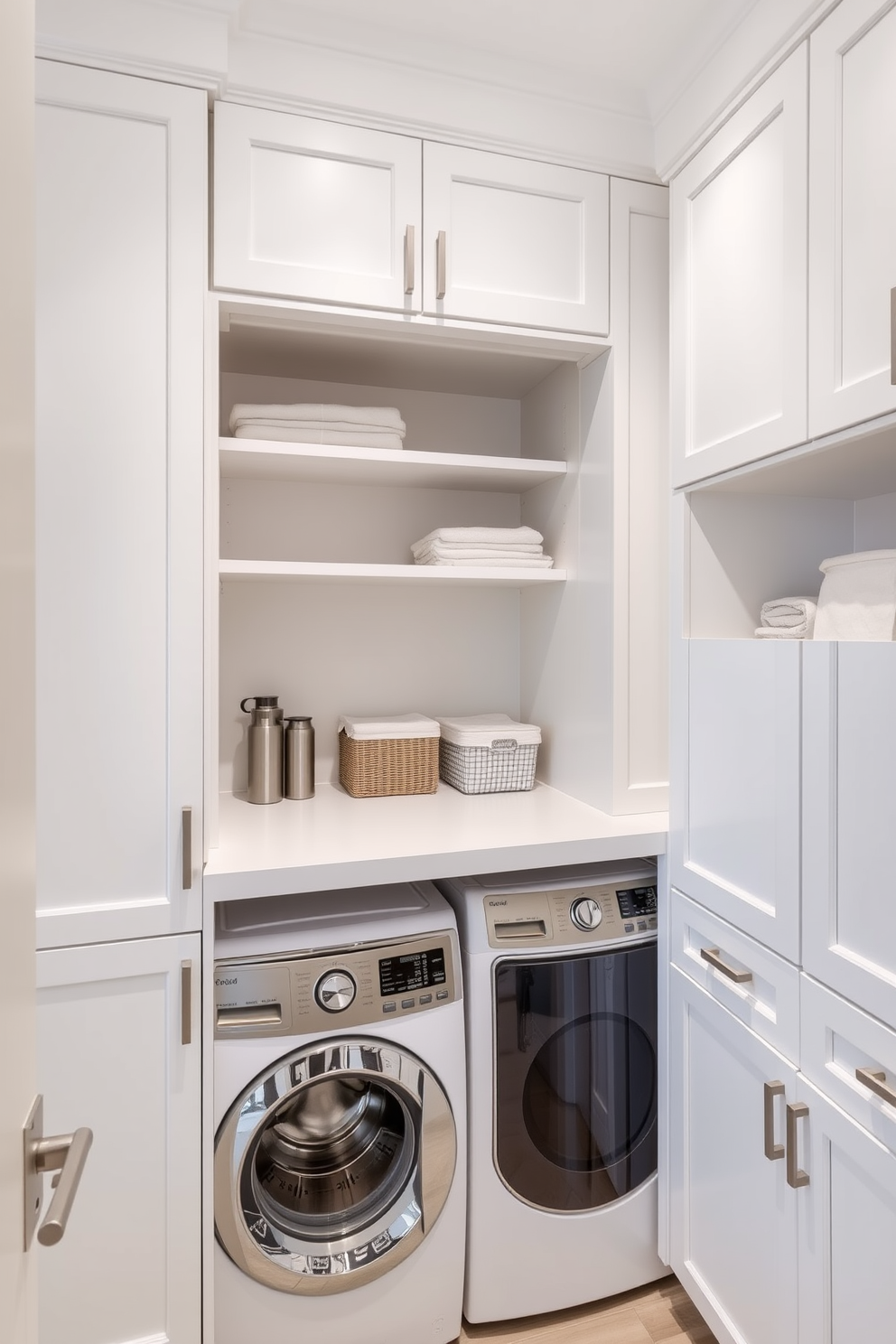 A functional laundry room featuring a pegboard installed on the wall for efficient tool organization. The space includes a stacked washer and dryer unit, maximizing floor space while maintaining a clean and organized aesthetic.