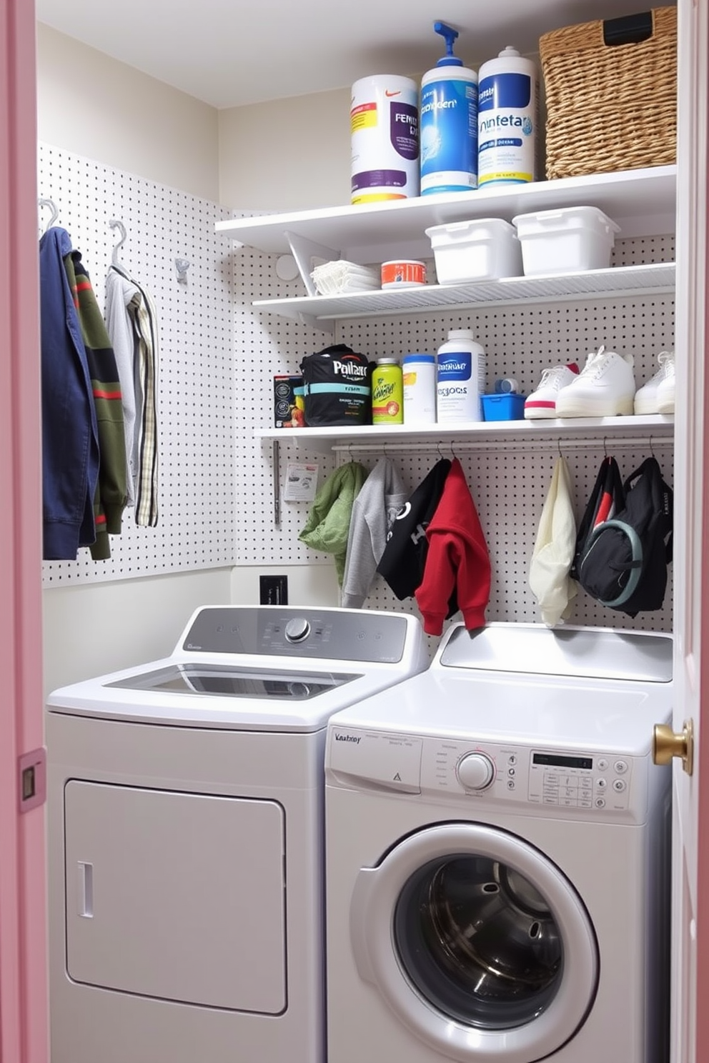 A functional laundry room featuring pegboards for hanging items. The space includes a stacked washer and dryer, with neatly organized shelves above for laundry supplies.