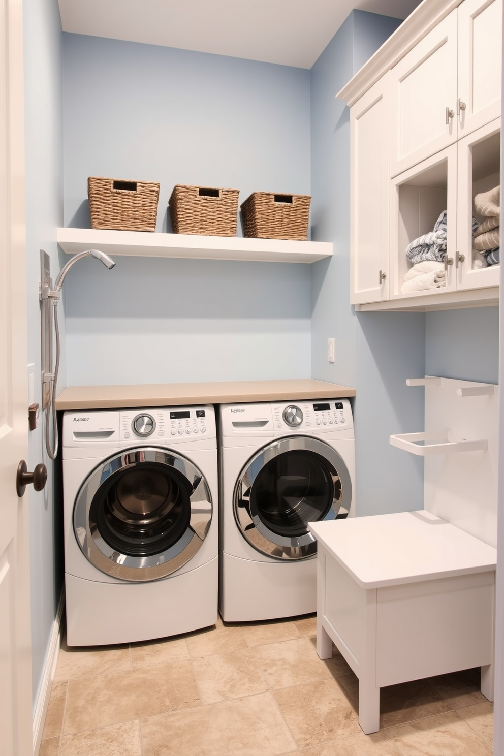 A sleek and organized laundry room featuring a stacked washer and dryer unit seamlessly integrated into a built-in cabinetry system. The walls are painted in a soft white hue, while the floor showcases light gray tiles for a clean and modern aesthetic.