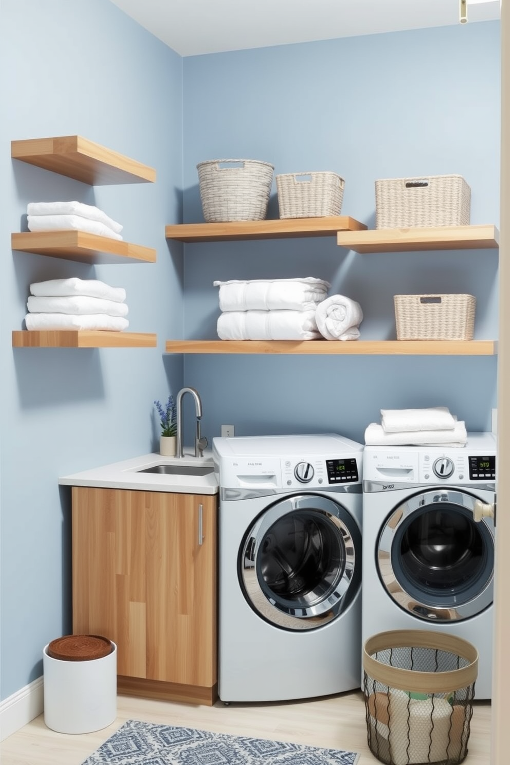 A modern laundry room featuring floating shelves for extra storage space. The walls are painted in a soft blue hue, and the shelves are made of natural wood, adorned with neatly folded towels and decorative baskets. The stacked washer and dryer are positioned in the corner, surrounded by a sleek countertop for folding clothes. A stylish laundry basket sits nearby, and a small potted plant adds a touch of greenery to the space.