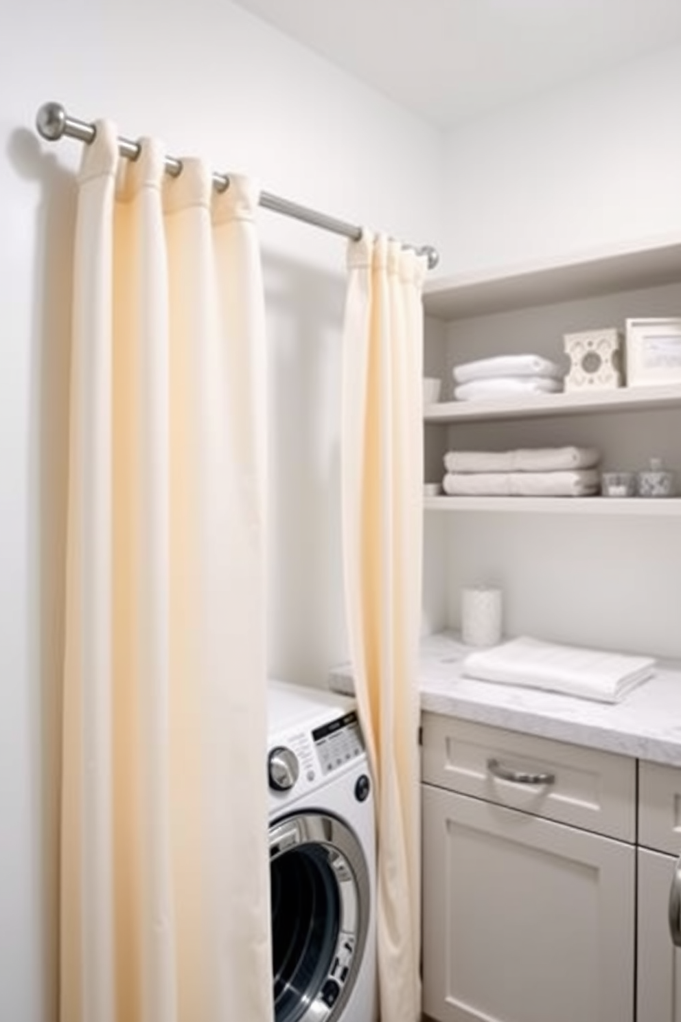 Chic curtains in a light fabric drape elegantly from a sleek curtain rod, adding a soft finish to the laundry room. The color of the curtains complements the walls, creating a cohesive and inviting atmosphere. The laundry room features a modern stacked washer and dryer setup, seamlessly integrated into cabinetry for a streamlined look. Ample shelving above provides storage for laundry essentials, while a stylish countertop offers space for folding clothes.