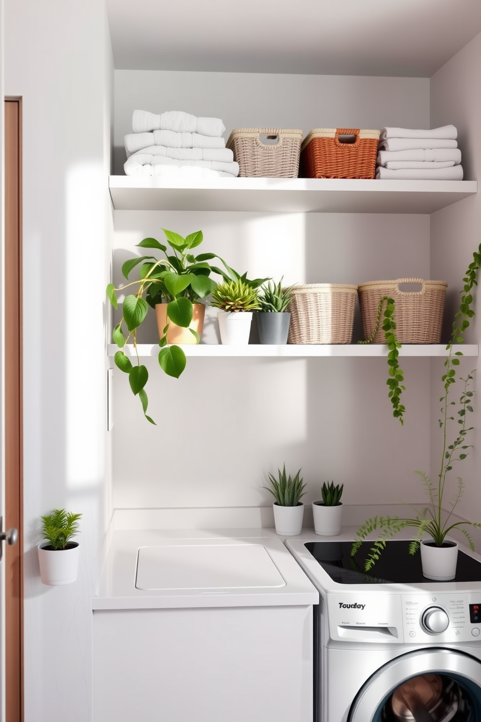 A bright and airy laundry room featuring a stacked washer and dryer unit with a sleek white finish. The countertop is adorned with various potted plants, adding a fresh and vibrant touch to the space. The walls are painted in a soft pastel color, creating a calming atmosphere. Open shelving above the washer and dryer holds neatly folded towels and decorative storage baskets.